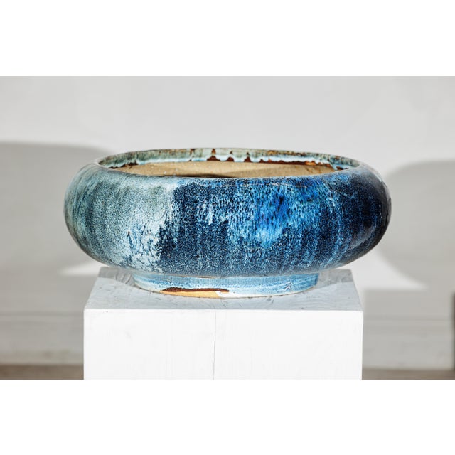 Vintage Shigaraki-Style Light Blue Planter with Organic Glaze and Wide Opening For Sale - Image 4 of 18