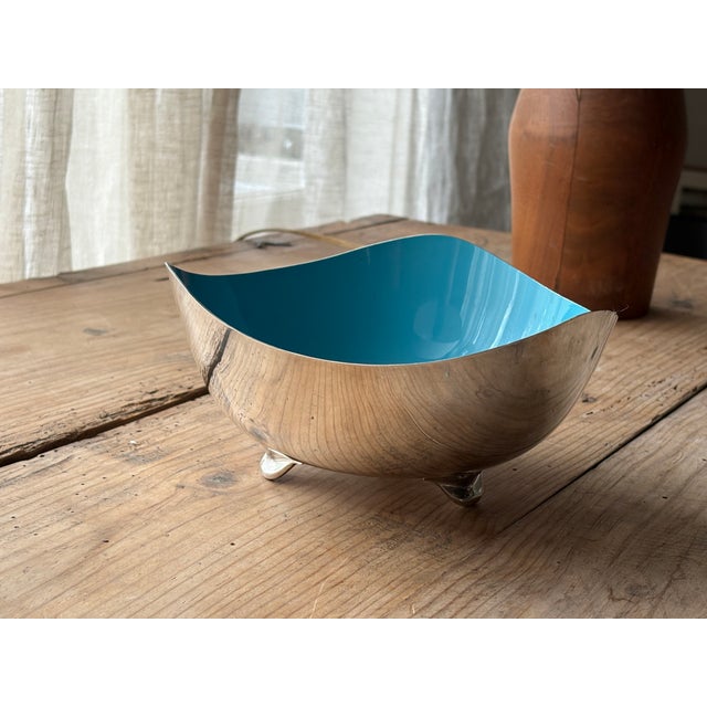 Silver Vintage Heirloom Silver Plate & Turquoise Enamel Footed Bowl For Sale - Image 8 of 14