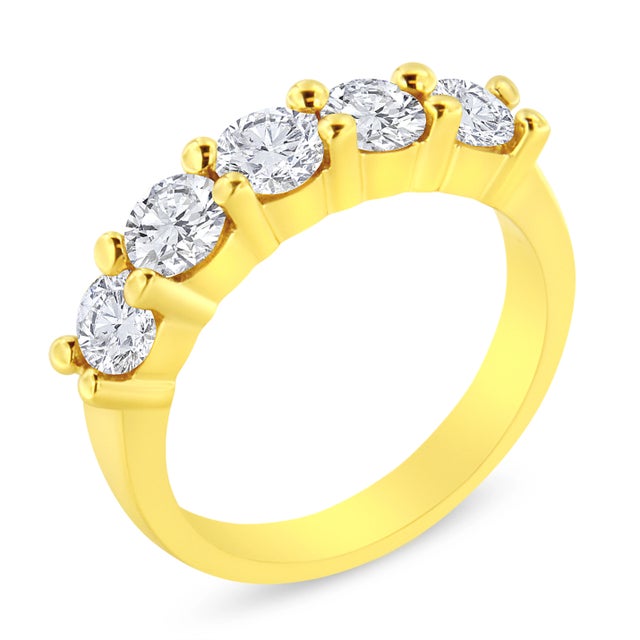 Contemporary 14K Yellow Gold Plated .925 Sterling Silver 1 1/2 Cttw Shared Prong Set Brilliant Round-Cut Diamond, Size 6 For Sale - Image 3 of 6