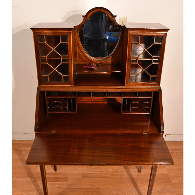 Brown 1900s Antique English Edwardian Mahogany & Satinwood Inlay Secretary Desk Writing Desk For Sale - Image 8 of 18