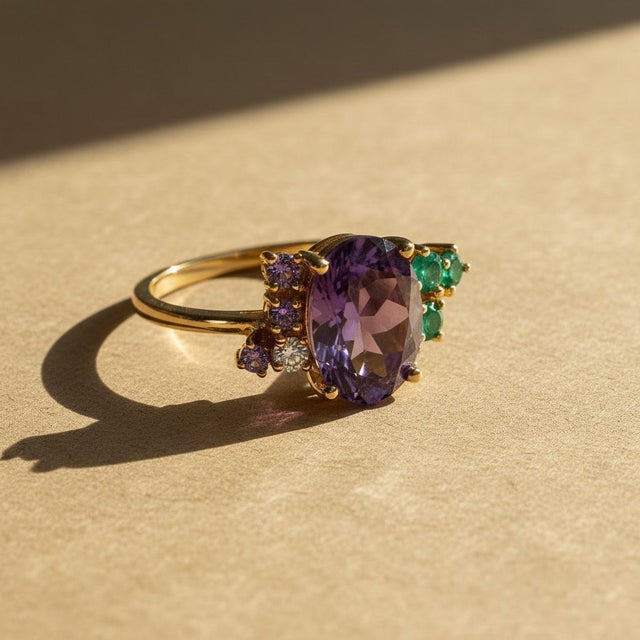 Metal Purple Amethyst Multicolor Ring in 14k Gold, Size 7.5 For Sale - Image 7 of 11