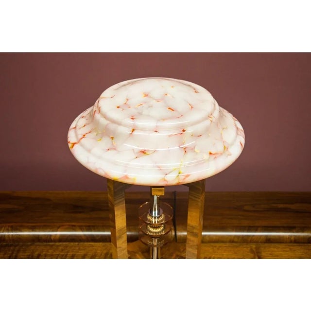 Art Deco style table lamp Made in Poland in the mid-20th century from walnut wood and a glass lampshade Very good...