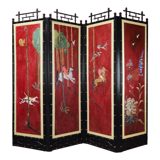 Vintage Chinoiserie Four-Panel Folding Screen – Hand-Painted English Hunting Scene With Black Faux Bamboo Frame For Sale