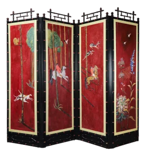 Vintage Chinoiserie Four-Panel Folding Screen – Hand-Painted English Hunting Scene With Black Faux Bamboo Frame
