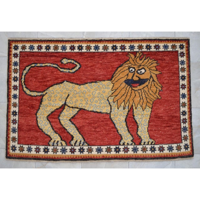 Quirky Lion Oushak Rug 3x5, Whimsical Folk Art Wool Rug, Terracotta Red Turkish Area Rug, Small Hand Knotted Leopard Rug for Entryway 3'5" X 5'1" For Sale - Image 6 of 16