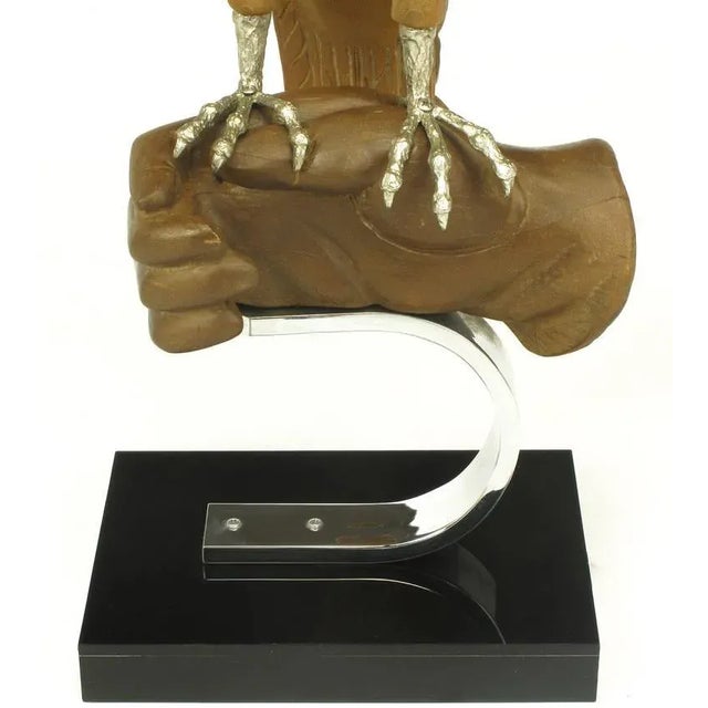 Wood Carved Wood & Silver Sculpture of Raptor Bird on Falconer's Hand For Sale - Image 7 of 9