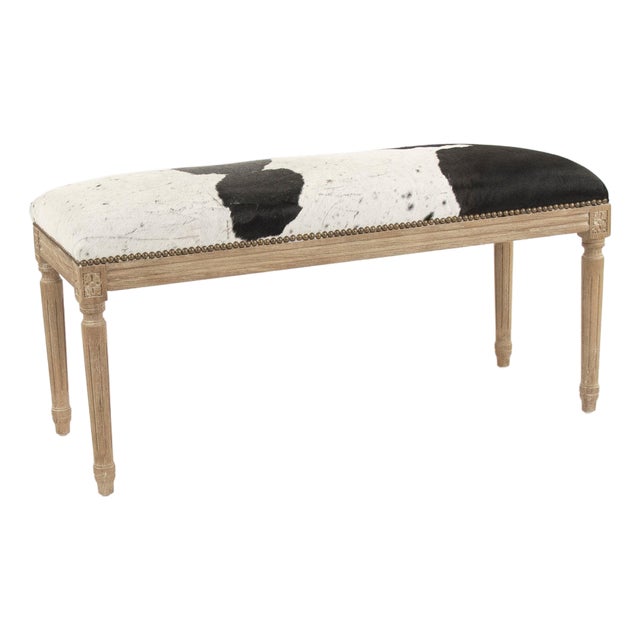 Lille Spotted White/Black Cowhide Bench with Oak Frame For Sale