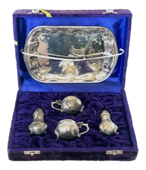 4 Piece Silver Condiment Set With Tray