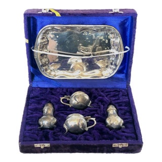 4 Piece Silver Condiment Set With Tray in Presentation Box For Sale