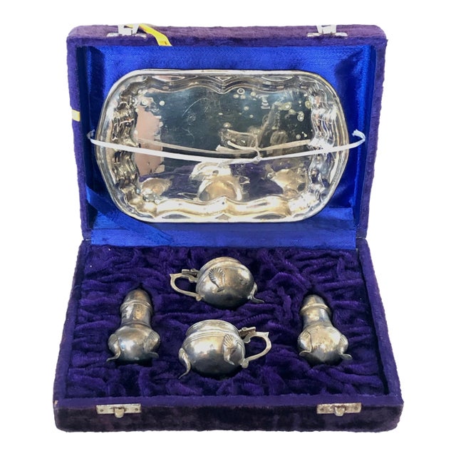 4 Piece Silver Condiment Set With Tray in Presentation Box For Sale