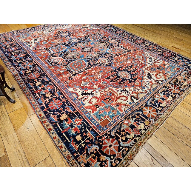 Persian Vintage Persian Heriz Serapi Rug, Hand-Knotted Wool, Geometric Medallion Pattern, Red & Ivory, 10x12 For Sale - Image 3 of 14