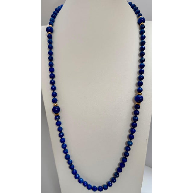 Gemstone Lapis Lazuli Single Strand Necklace 14 Kt Roundel Yellow Gold , 32 Inch For Sale - Image 7 of 8