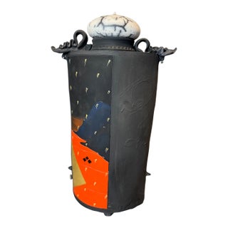 Late 20th Century Signed Hand-Painted Sculptural Ceramic Jar With Lid For Sale