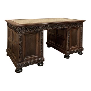 Antique French Walnut Executive Desk With Pull-Outs and Faux Leather Top For Sale