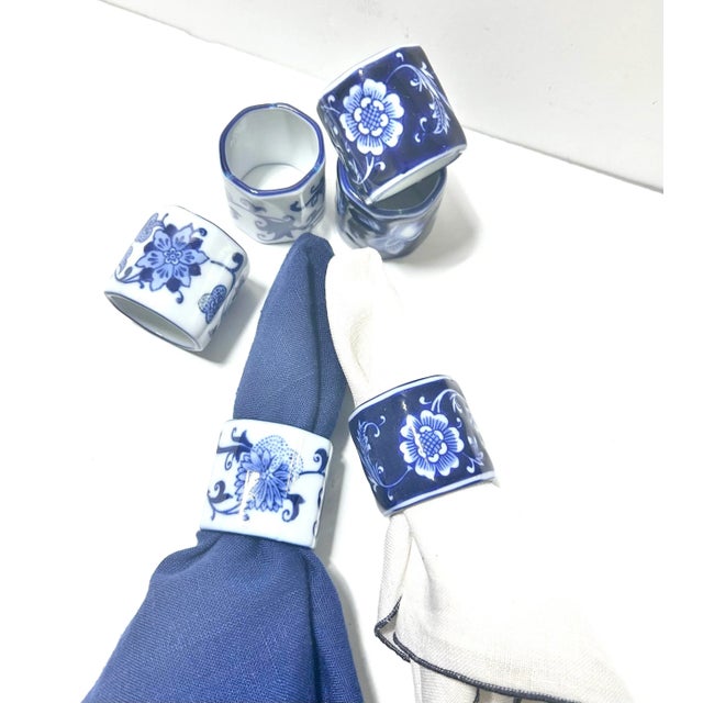 Ceramic Vintage Blue & White Chinoiserie Porcelain Napkin Rings – Set of 6 For Sale - Image 7 of 7