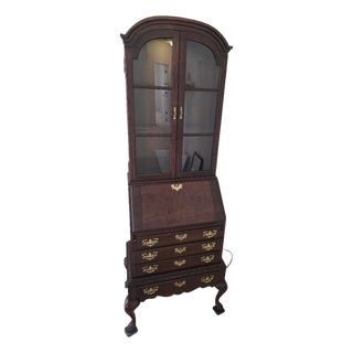 Vintage Queen Anne Secretary Desk Hutch – Mahogany Drop Front Writing Desk With Glass Display Top For Sale