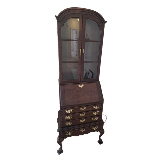 Vintage Queen Anne Secretary Desk Hutch – Mahogany Drop Front Writing Desk With Glass Display Top For Sale