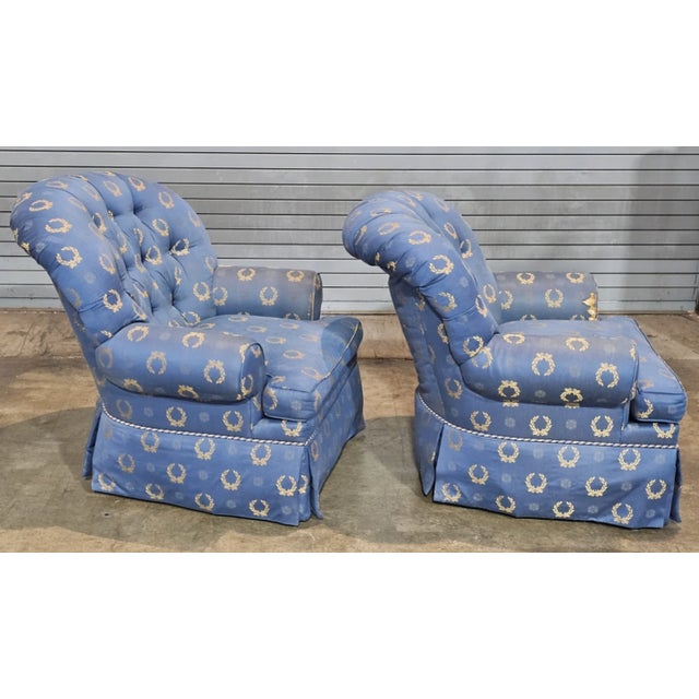 Blue Late 20th Century Pair of Charles Stewart Club Chairs Prussian Blue Napoleonic Tufted Fabric For Sale - Image 8 of 12