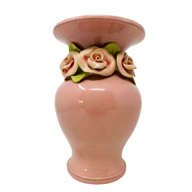 Handmade Ceramic Pink Vase Surrounded With Dimensional Flowers For Sale - Image 9 of 9