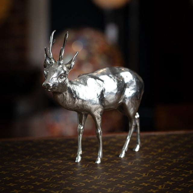 Antique early 20th century german large solid silver statue, beautifully and realistically modelled as a reindeer. During...