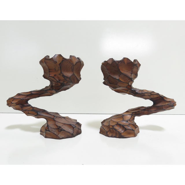 Wood Vintage German Brutalist Hand Carved Wooden Candle Holder - Set of 3 For Sale - Image 7 of 12