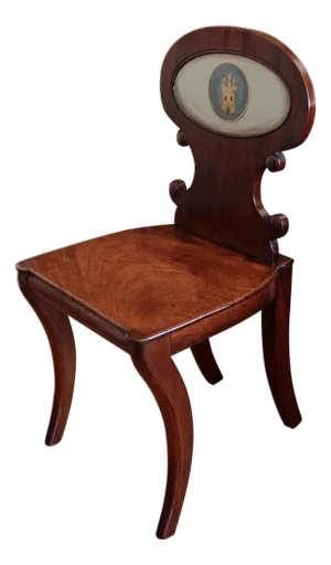 Regency Mahogany Hall Chair With Heraldic Painted Back Rest