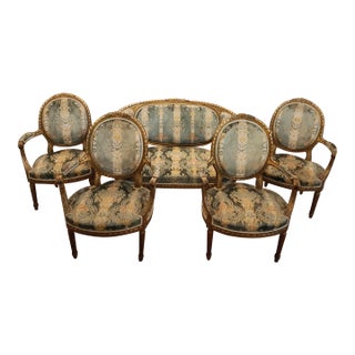 Antique French Giltwood Salon Seating Set With Settee and Four Armchairs For Sale