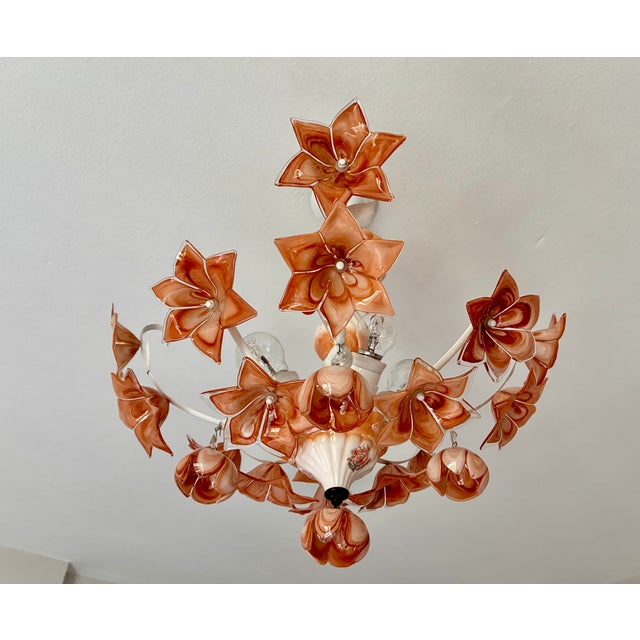 Vintage Italian Murano Style Amber Brown Floral Chandelier - Porcelain Body With Crystal Teardrops For Sale - Image 10 of 18