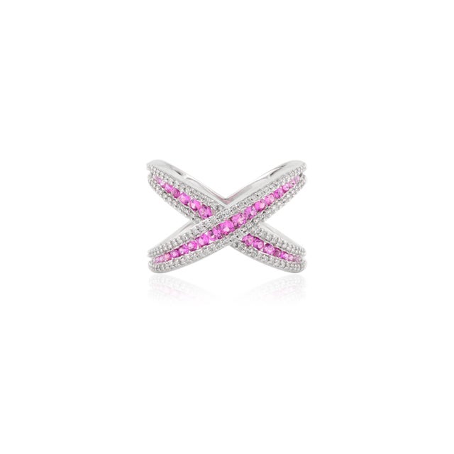 Pink Sapphire & Diamond Criss Cross Cocktail Ring- Round Cut Gemstone Midi Finger Ring Size 7 For Sale In New York - Image 6 of 11