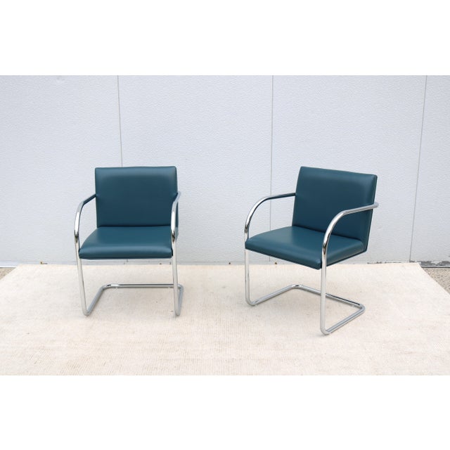 Ludwig Mies Van Der Rohe Brno Tubular Chairs in Blue Leather by Gordon - A Pair For Sale In New York - Image 6 of 18