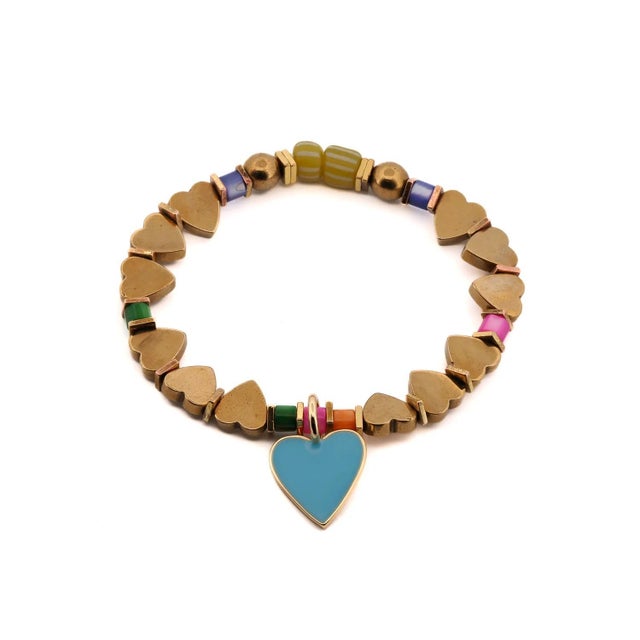 Blue Heart Charm Gold Beaded Bracelet For Sale In Miami - Image 6 of 6