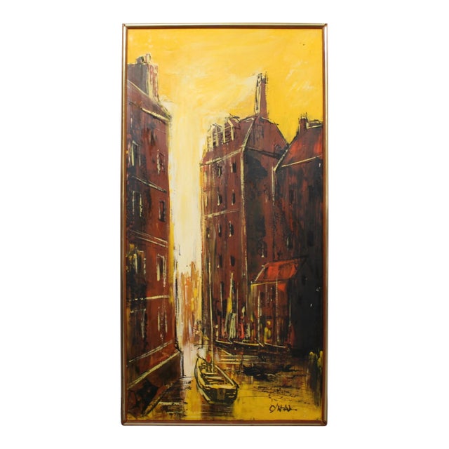 1970s Large Signed Oil Painting on Board | European Canal For Sale