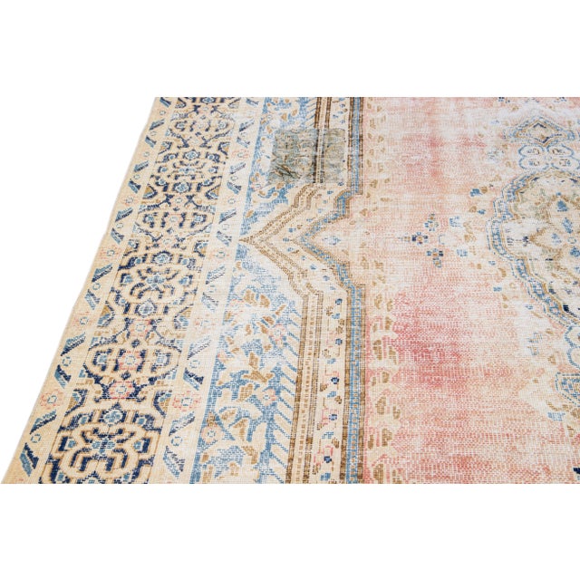 Pink Vintage Persian Shabby Chic Handmade Medallion Pink Wool Rug For Sale - Image 8 of 9
