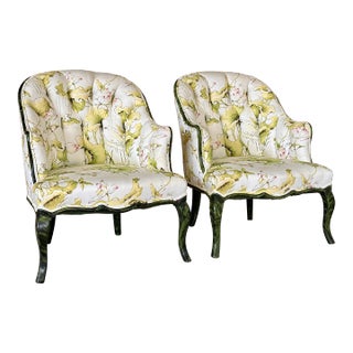 Mid 20th Century Regency Bergere Channel Back Faux Malachite Finish Arm Chairs-Pair For Sale