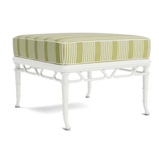 Brown Jordan Calcutta Ottoman in Chalk with Pea Green Stripe and Sea Salt Welt Cushions For Sale