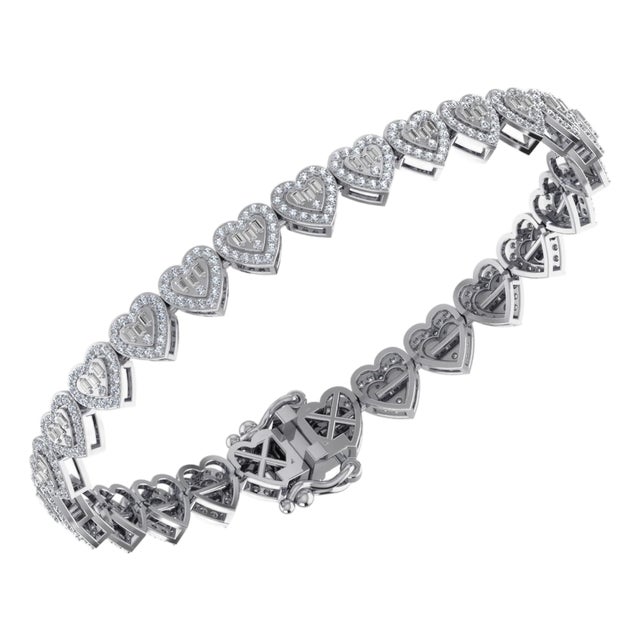 10K White Gold Round Baguette Diamond Heart Designer 7 Inch Bracelet 2-1/6 Cttw For Sale