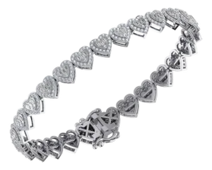 10K White Gold Round Baguette Diamond Heart Designer 7 Inch Bracelet 2-1/6 Cttw