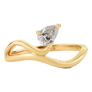 Modern Sculptural Pear Cut Diamond Solitaire Wave Ring Size 7 in 14k Yellow Gold For Sale
