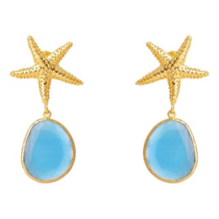 Ocean Star Blue Cat Eye Gold Earrings, A Pair For Sale