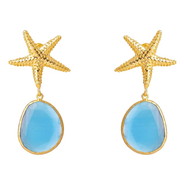 Ocean Star Blue Cat Eye Gold Earrings, A Pair For Sale