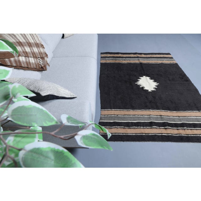 Vintage Turkish Hand-Knotted Wool Cotton Brown Kilim Area Rug For Sale - Image 4 of 11