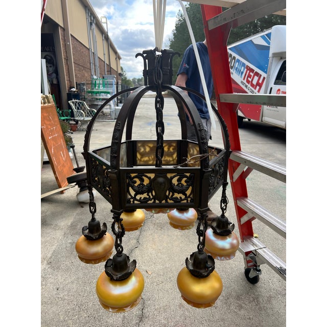 Vintage Heavy Brass Detailed Chandelier With Stained Glass Accents For Sale - Image 10 of 12