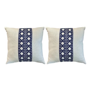 Pair of Simms Oyster Linen Pillows With Navy Lattice Trim 20" For Sale