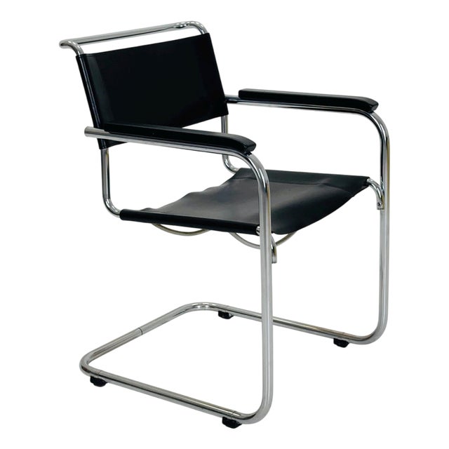 Bauhaus Black Leather Iconic Armchair by Mart Stam for Thonet, 1980s For Sale