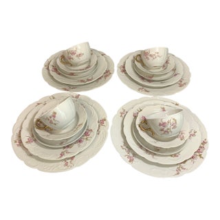 Antique French Limoges Service for 4 “Spray of Pink Flowers” on White Porcelain - 20 PCS For Sale