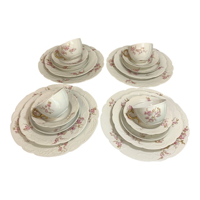 Antique French Limoges Service for 4 “Spray of Pink Flowers” on White Porcelain - 20 PCS For Sale