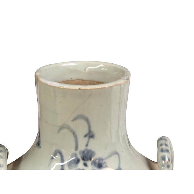 1960s Vintage Fade Gray White Pale Blue Floral Graphic Ceramic Vase For Sale - Image 5 of 11