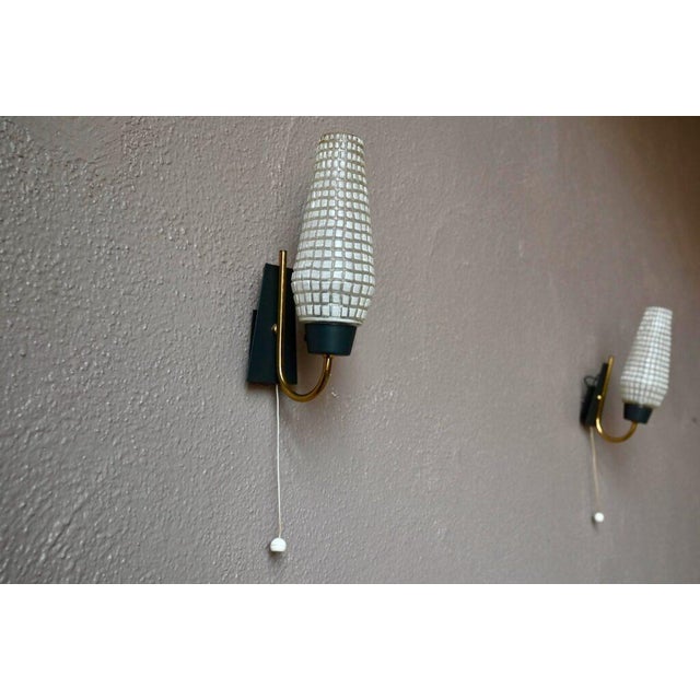 Mid-Century Modern Mid-Century French Modernist Wall Sconces in Black and Gilt Metal and Printed Glass, 1950s, Set of 2 For Sale - Image 3 of 11