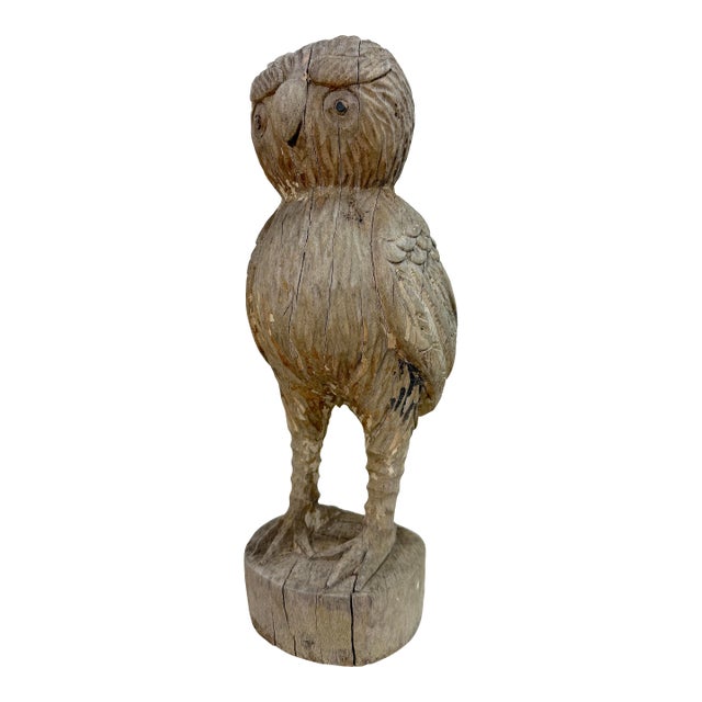 1950s Share Large Hand Carved Solid Wood Folk Art Owl Sculpture Statue Figure For Sale