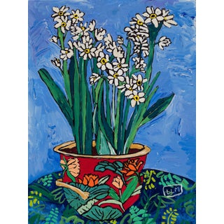 "Blooming Narcissus: Abundant White Daffodils Growing From Red Floral Pot" Contemporary Floral Still Life Painting For Sale